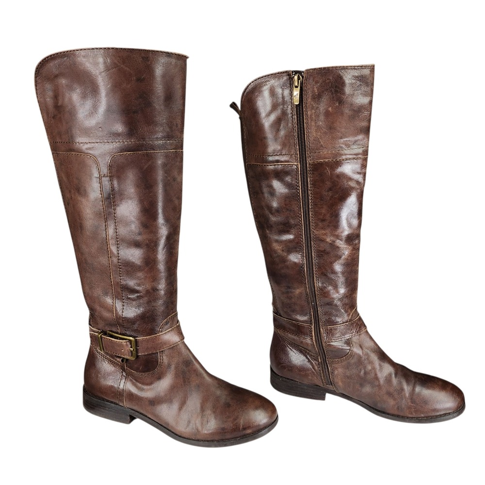 Marc Fisher Riding Boots 7M Women Stretch Zip Brown Leather Knee High Equestrian